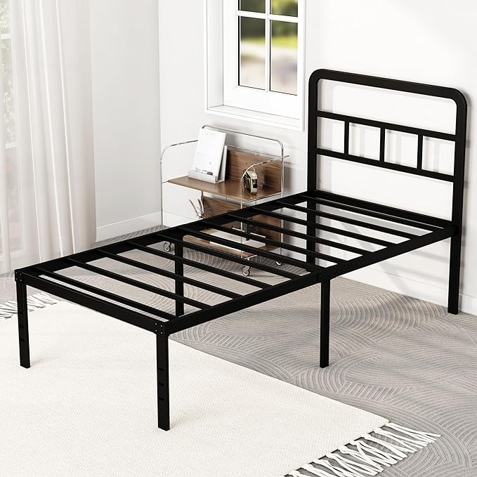 18 Inch Twin XL Bed Frame with Headboard No Box Spring Needed Metal Platform Heavy Duty Steel Slat Mattress Foundation/Easy Assembly/Noise Free/Black