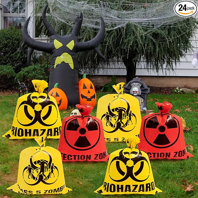 CNhoqc Halloween Lawn Trash Bags - 24Pcs Zombie Warning Reusable Waste Bags with Twist Ties, Fallen Leaf Grass Clipping Trash Container, Heavy-Duty Plastic for Biohazard Parties Outdoor Decorations