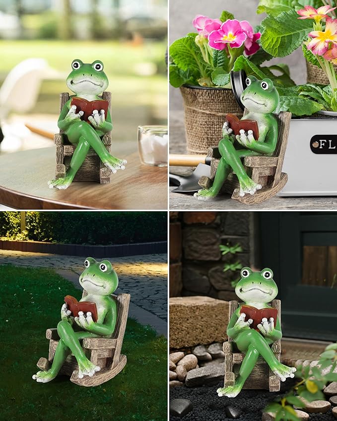 iStatue Miniature Solar Frog Reading Book Figurine Light - 5.5'' Resin Chair Statue Outdoor Table Decor for Lawn Ornaments, Patio, Yard & Garden and Home