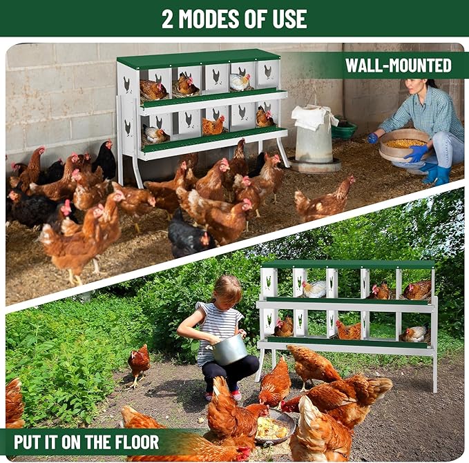 Chicken Nesting Boxes,10 Compartments Galvanized Steel Metal Laying Boxes with Leg,Pull-Out Egg Box Easy Egg Collection & Clean,Wall Mount Suitable for Farm Chicken House,Green