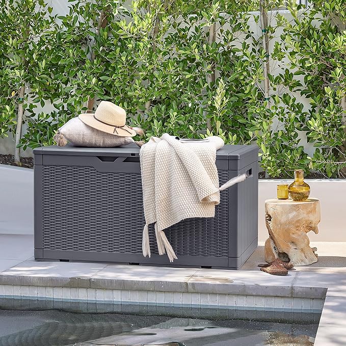 Devoko 97 Gallon Deck Box, Waterproof Resin Outdoor Storage Box for Outside and Patio, Large Outdoor Storage Bench Cabinet Lockable for Patio Furniture, Garden Tools and Pool Supplies (Gray)