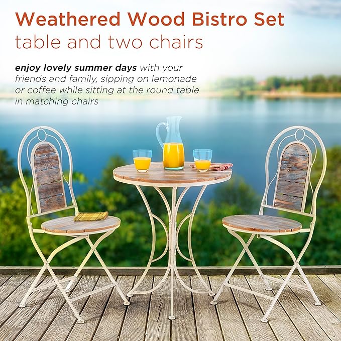 Alpine Corporation Indoor/Outdoor 3-Piece Wood and Metal Bistro Set Table and Folding Chairs Patio Seating