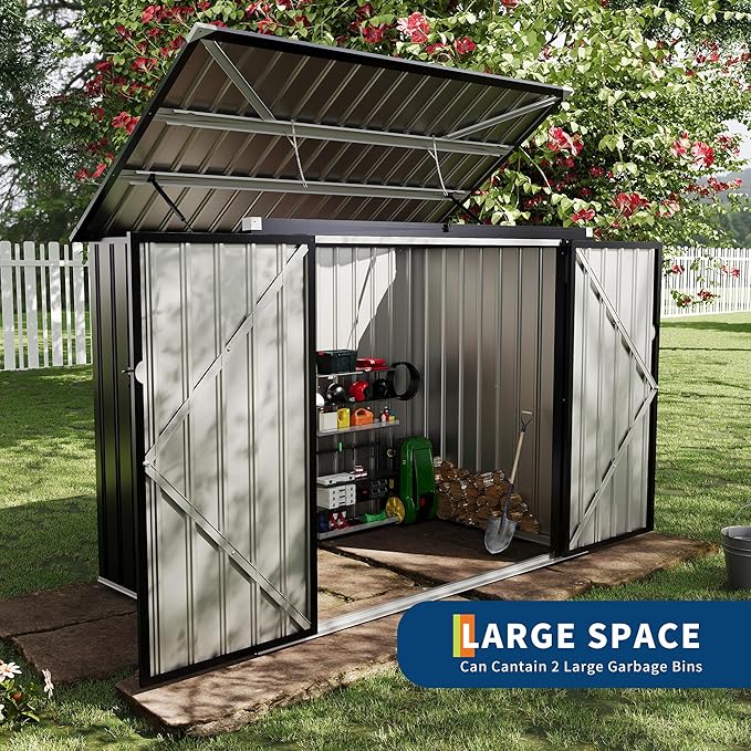 2 Trash Cans Metal Outdoor Storage, 3x6 FT Garbage Bin Storage Shed with Chain Lid, Garbage Can Metal Sheds for Garden, Backyard, Lawn and Patio