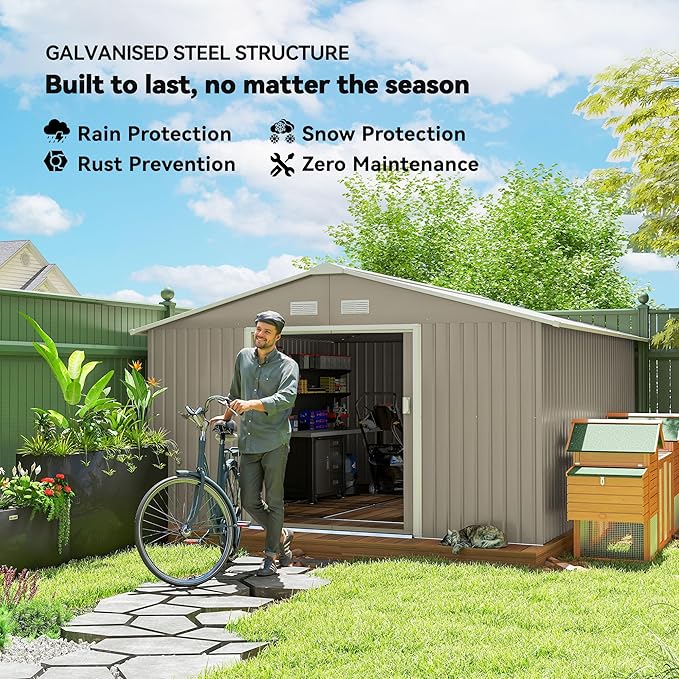 Outsunny 11' x 13' Outdoor Storage Shed, Garden Tool Metal Shed with Foundation Kit, Double Lockable Door, Air Vents and Sloping Roof, for Backyard, Patio, Lawn, Light Gray