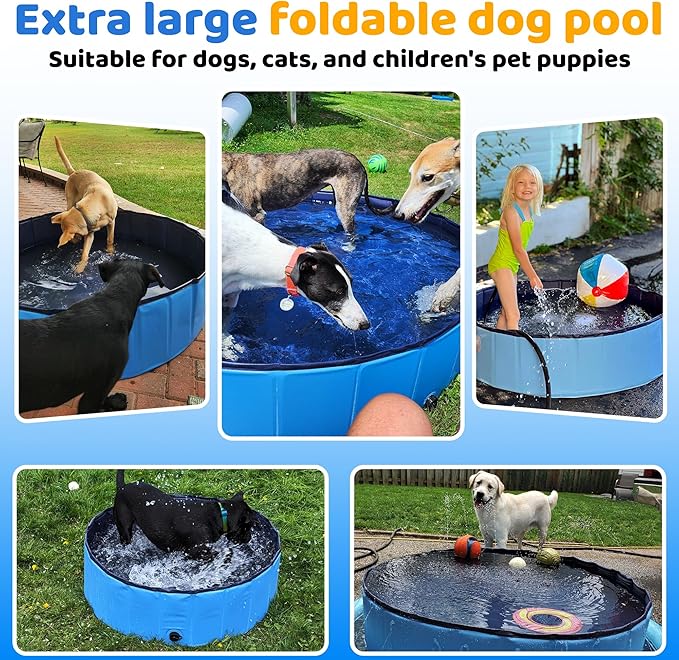 79" x 12" Foldable Dog Pool - Collapsible Hard Plastic Kiddie Pool for Dogs & Kids, Non-Slip Pet Bath Tub for Outdoor Backyard Use, Lightweight & Portable (Blue)