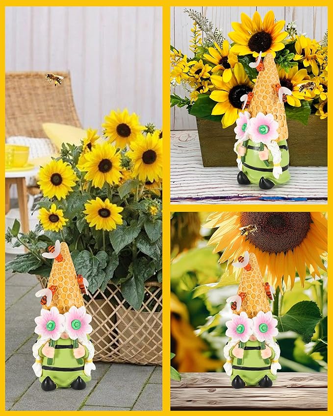 iStatue Solar Garden Gnome Figurine Light with Bees Sunflower, 9.5'' Resin Outdoor Statue for Yard Patio Decor Lawn Ornaments Porch Garden Gifts for Women/Girl (Ms Bee Gnome)