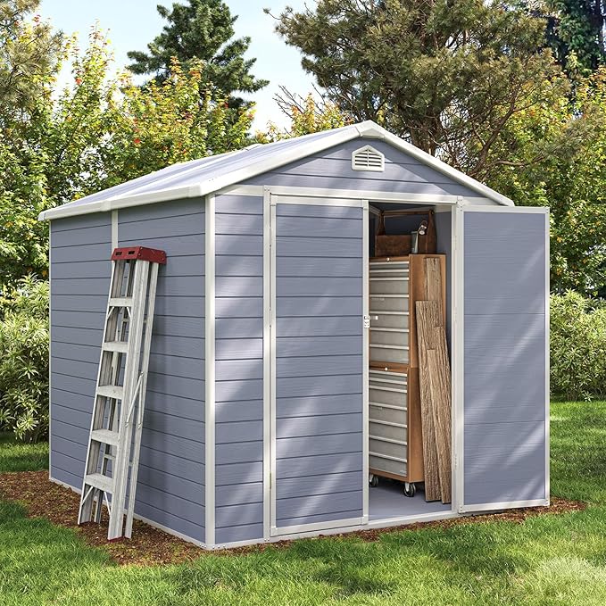 Aoxun 8 x 6 FT Outdoor Storage Shed with Window, Resin Shed with Floor & Lockable Doors, Garden Shed Waterproof Plastic Tool Shed with Sloped Roof for Backyard, Garden, Patio, Lawn, Grey