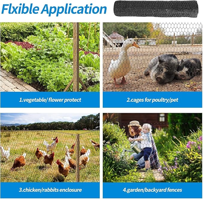 12'' x 50' Black Chicken Wire Mesh Fence, 15 Gauge Galvanized Poultry Netting and 2 inch Garden Mesh Fence Roll, Chicken Wire for Floral Arrangements/Crafts/Farm/Livestock/Pet Protection