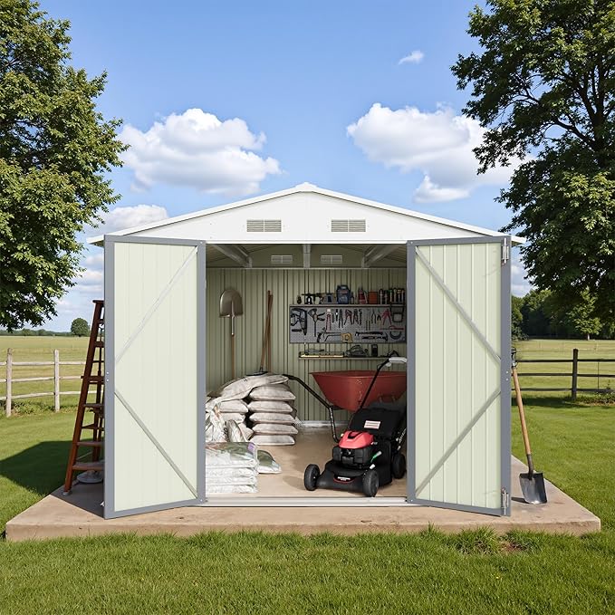 Greesum 8×10FT Outdoor Storage Shed, Metal Patio Storaged Sheds with Lockable Doors, Sheds & Outdoor Storage for Bike, Backyard, Pool and Garden, Gray