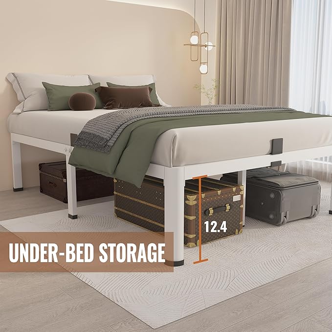 MAF 14 Inch Full Size Metal Platform Bed Frame White with Round Corner Legs, 3000 LBS Heavy Duty Steel Slats Support, Noise Free, No Box Spring Needed, Easy Assembly