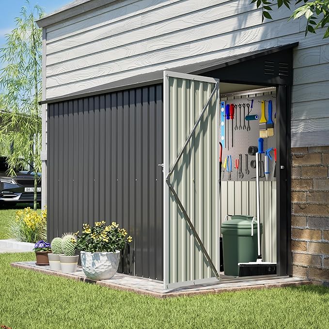 4x8 FT Lean to Metal Shed,Outdoor Storage Shed W/Floor Frame & Reversible Installation,All Weather Waterproof Garden Tool House W/Lockable Door & 2 Air Vents,for Backyard,Patio,Lawn,Black