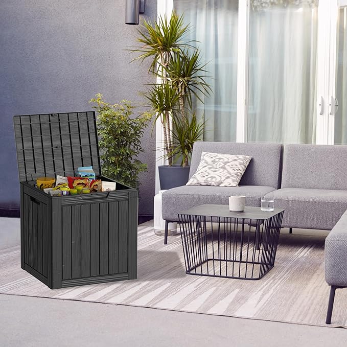 35 Gallon Waterproof Large Resin Deck Box Indoor/Outdoor Lockable Storage Container and Seating for Garden, Pool, and Patio (35 Gallon, Black)