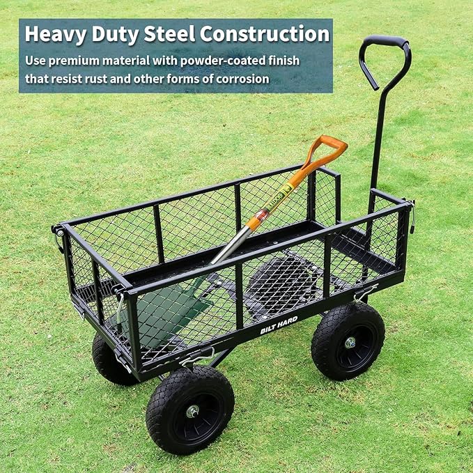 BILT HARD 880 lbs 10" Flat Free Tires Steel Garden Cart with 180° Rotating Handle and Removable Sides, Heavy Duty 4 Cu.Ft Capacity Utility Garden Carts and Wagons, Black