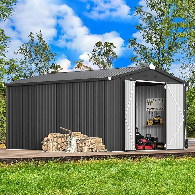 AECOJOY Shed 10' x 14' Storage Shed, Outdoor Storage Sheds & Outdoor Storage 10' x 14' with Lockable Doors, Large Steel Yard Shed, Utility and Tool Storage for Garden, Patio, Outside use in Dark Grey