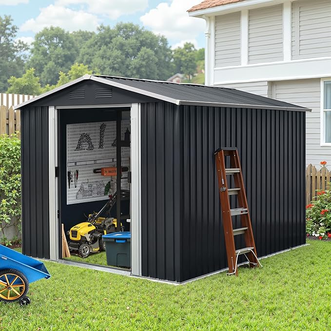 Sheds & Outdoor Storage 8ft x 10ft Metal Storage Shed with Metal Foundation, Gloves, Anchors, Tools Garden Tool Storage Cabinet with Secure Sliding Doors with Padlock for Backyard, Black