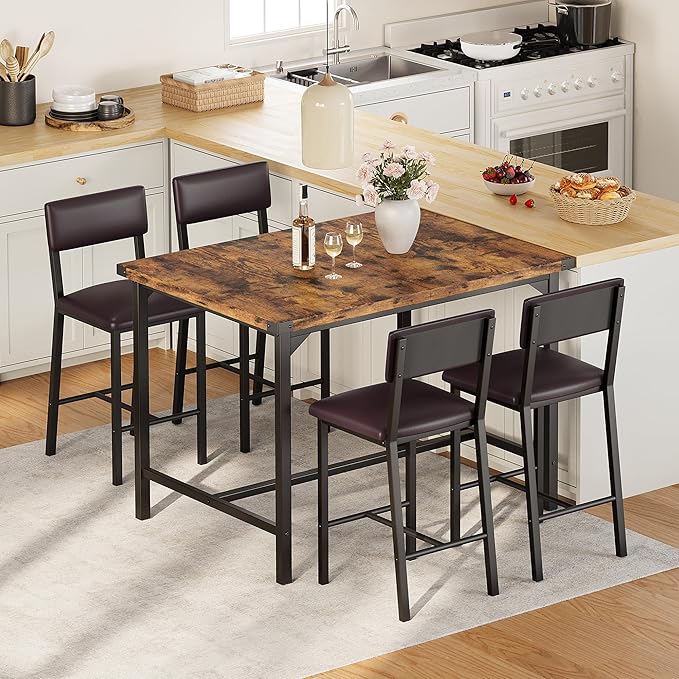 IDEALHOUSE Dining Table Set for 4 w/Counter Height Table & 4 Upholstered Bar Stools, 5-Piece Kitchen Table Set with Footrest & Corner Protector, for Kitchen Room, Apartment, Pub