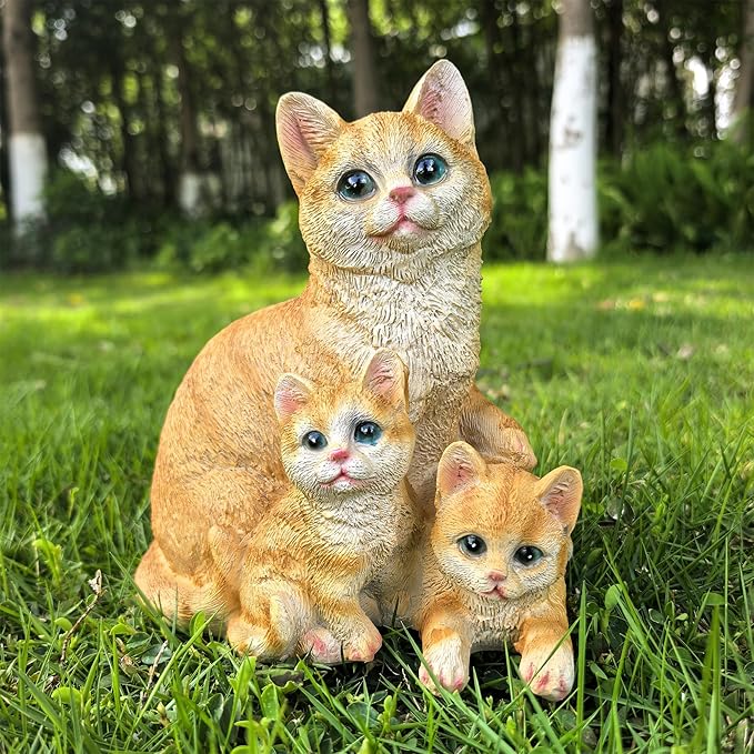 Mama Cat and Kitten Garden Statue,Outdoor Lawn Decorative Figurine Yellow Cat Statue for Patio Yard,Funny Animal Flower Bed Decor Art Sculpture