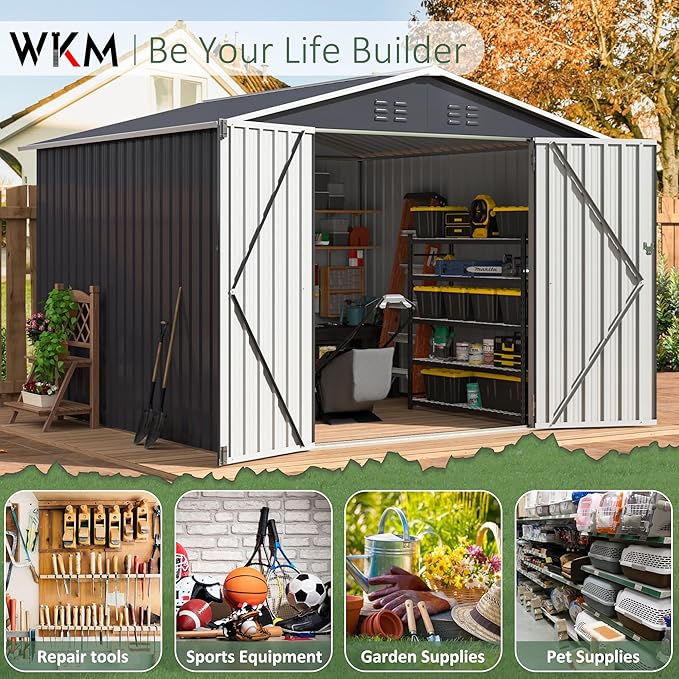 WKM 8x8 FT Outdoor Storage Shed, Utility Metal Tool Storage with Lockable Doors and Updated Frame Structure, Large Metal Garden Shed for Backyard, Patio Lawn, Black