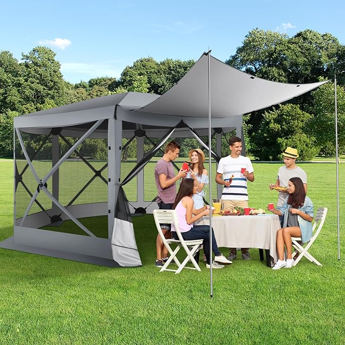 COBIZI 12x12 Pop up Gazebo Screen House Tent for Camping, Outdoor Canopy with Removable Roof&Mosquito Netting, Portable Hub with Carrying Bag and Ground Stakes, Grey