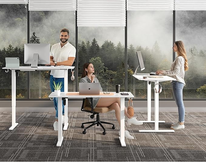 Electric Standing Desk Adjustable Height 55"x24" Stand Up Desk with Lockable Wheels Ergonomic Sit Stand Desk for for Work Office Home Computer Workstation (White)
