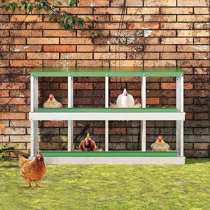 Heavy Duty Galvanized Metal Chicken Nesting Box - Rustproof Egg Laying Box for Hens with Slanted Roof, Rollout Design - Wall Mount or Freestanding Poultry Nest for Chicken Coop (8-Hole)