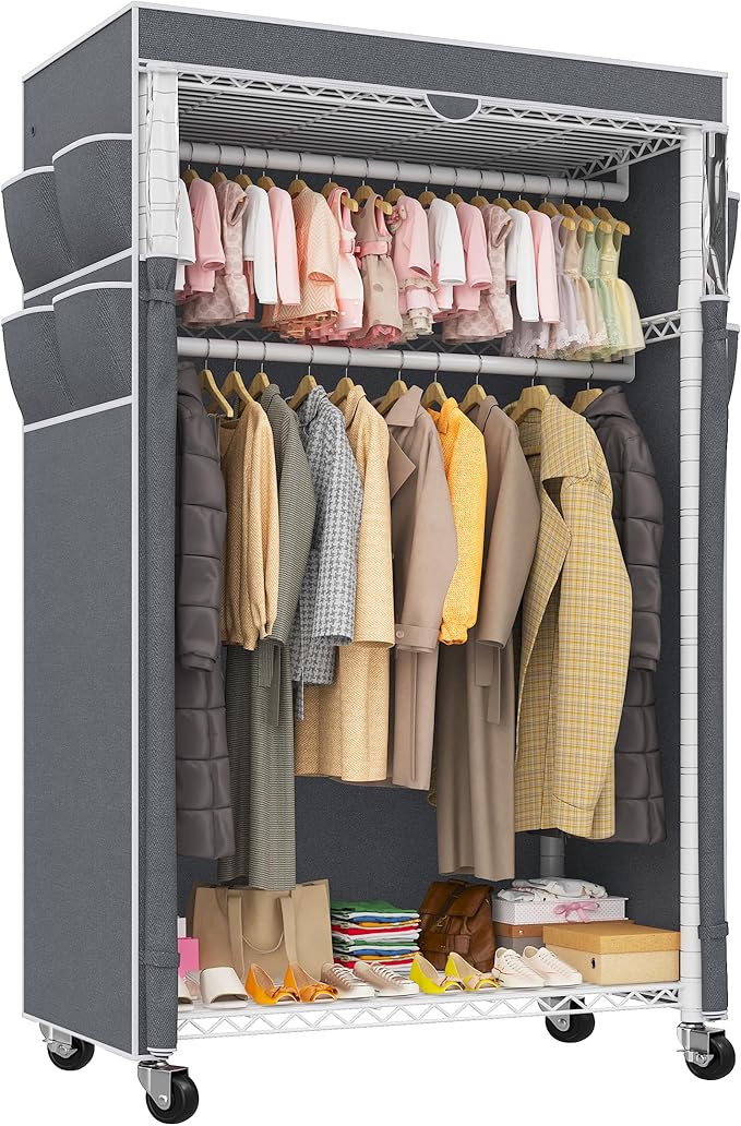 Raybee Rolling Clothes Rack with Cover Clothing Racks for Hanging Clothes Heavy Duty Portable Closet with Wheels Garment Rack 35.5" W*15.7" D*79 "H White