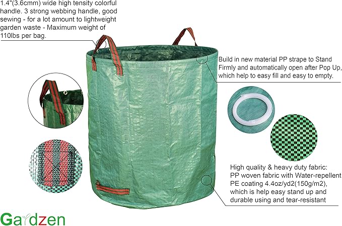 Gardzen 6-Pack 72 Gallon Yard Waste Bags, Reusable Heavy Duty Collapsible Garden Leaf Bags with Plastic Ring, Stand-Up Yard Waste Bin for Leaves, Lawn Debris & Grass Clippings