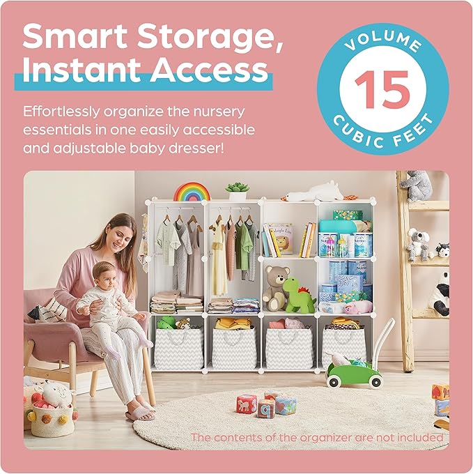 Baby Closet Organizer for Nursery: Durable Baby Wardrobe for Closet - Customizable Baby Dresser Amoire Shelves - Waterproof Shelf Clothes Organizer w/Wall Fixation (White)
