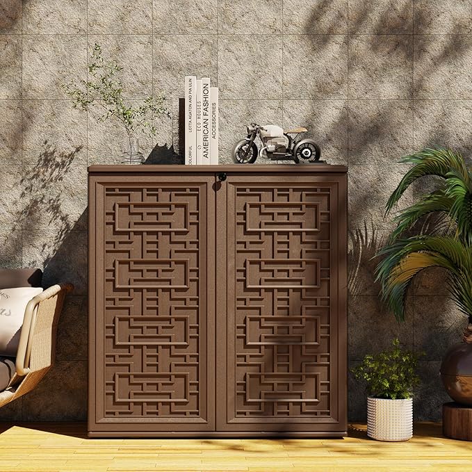 Indoor Outdoor Storage Cabinet Waterproof with 1 Shelf, Plastic Outdoor Storage Cabinets for Patio/Garden/Backyard, Size 34.3''L*15''W*36.2''H(Brown)