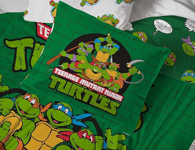 Jay Franco Nickelodeon Teenage Mutant Ninja Turtles Green Bricks 7 Piece Bed Set-Includes Reversible Comforter & Sheet Set Bedding-Super Soft Fade Resistant Microfiber Official Nickelodeon Product