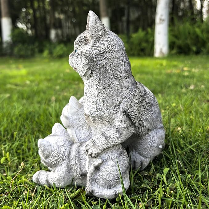 Mama Cat and Kitten Garden Statue,Outdoor Lawn Decorative Figurine Grey Cat Statue for Patio Yard,Funny Animal Flower Bed Decor Art Sculpture