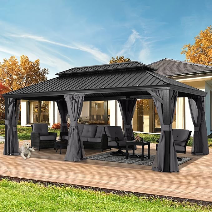 ABCCANOPY Hardtop Gazebo 12x20 - Outdoor Metal Hard Top Gazebo, Permanent Galvanized Steel Aluminum Framed Pavilion with Netting and Curtain for Patio Backyard Lawn Garden (Double Roof, Gray)