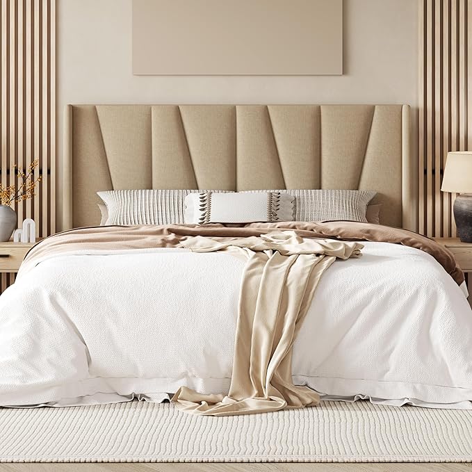 Allewie King Size Platform Bed Frame with Geometric Wingback Headboard, Boho Upholstered Bed with Wooden Slats Support, No Box Spring Needed, Easy Assembly, Beige