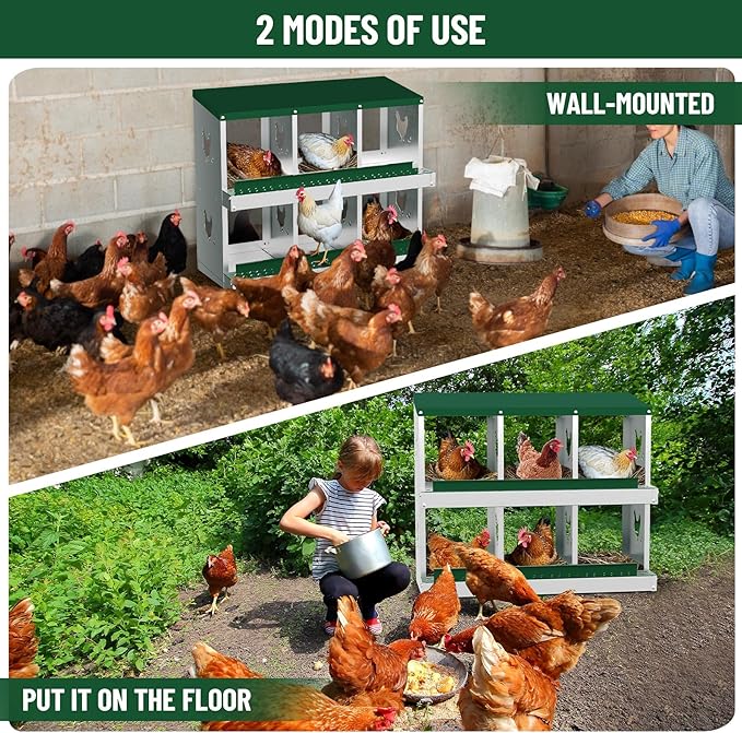 6-Compartment Metal Chicken Nesting Box - with Perch, Secure Lid & Metal Legs, Wall-Mount or Free-Standing Nesting Boxes for Hens