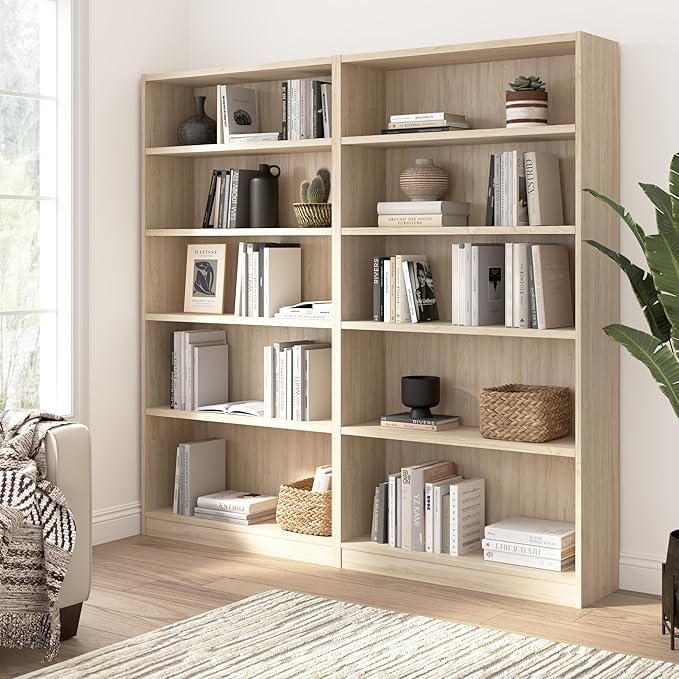 Bush Furniture Universal Tall 5 Shelf Bookcase in Natural Elm, Vertical Storage and Display Bookshelf for Home Office or Living Room Organization