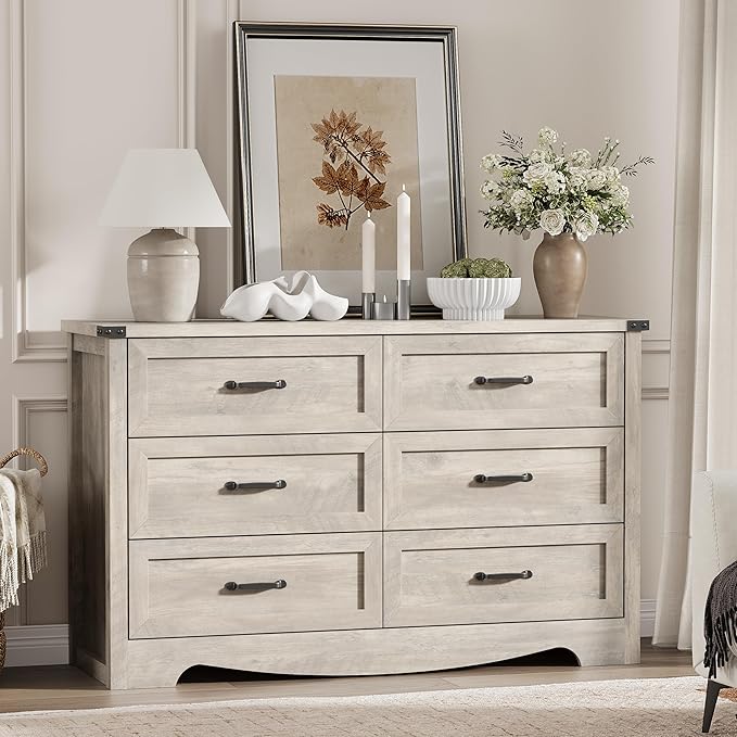 Dresser for Bedroom with 6 Drawers, 48" Wide Wood Chest of Drawers with Deep Drawers & Mental Handle, Modern Dresser TV Stand, Wooden Closet Storage Organizer for Living Room, Hallway, Entryway, Grey