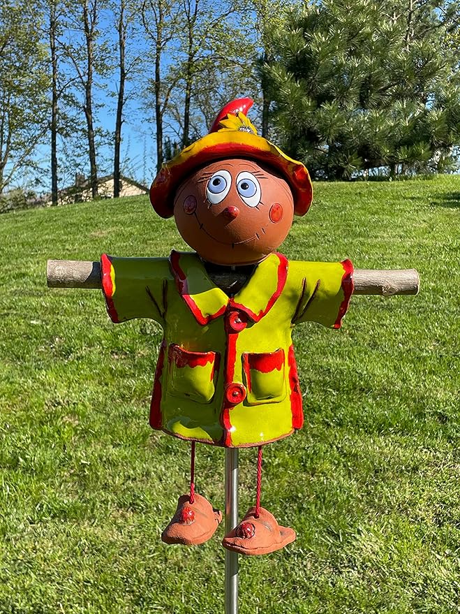 Ceramic Garden Decor - Scarecrow Lawn stake - Outdoor statue - Perfect, unique gifts for gardeners woman, men, yard gifts - Handmade, Frostproof
