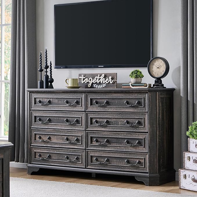 T4TREAM Farmhouse 8 Drawers Dresser for Bedroom, 54" Wide Wood Rustic Chest of Drawers with Natural Texture, Vintage Design, Storage Dressers Organizer for Bedroom, Living Room, Dark Rustic Oak