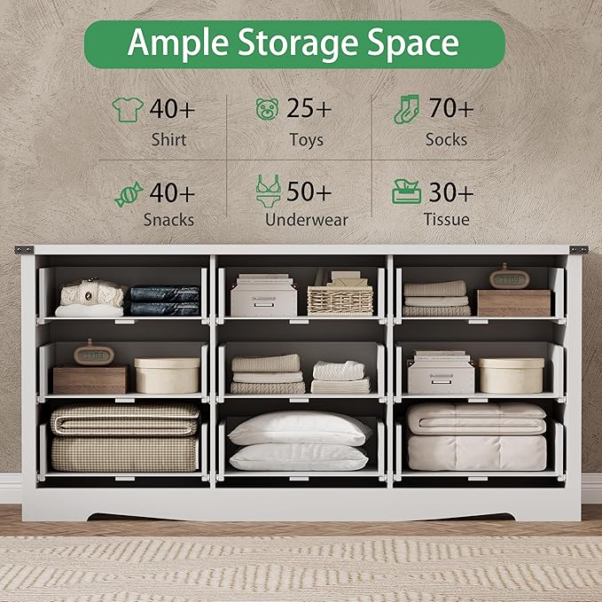Dresser for Bedroom with 9 Drawers, 59" Wide Modern Chest of Drawers with Deep Drawers & Mental Handle, Wood Dresser TV Stand, Wooden Closet Storage Organizer for Living Room, Hallway, Entryway, White