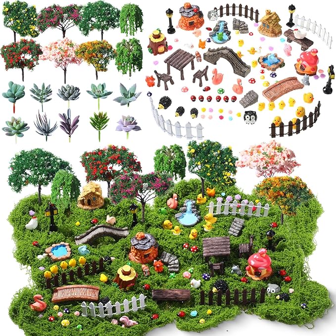 116 Pcs Fairy House Accessories Kit Miniature Garden Accessories Terrarium Decoration Mini Diorama Figurines Miniature Landscape Trees Simulated Succulents for DIY Garden Doll House Craft