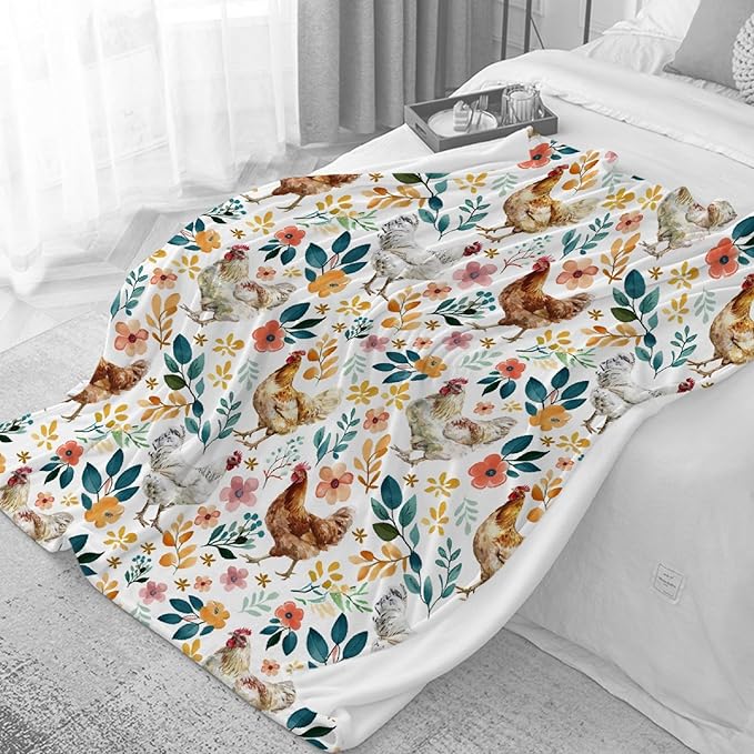 Chicken Blanket for Farmer Lover, Floral Chicken Gifts for Women, Ultra-Soft Rooster Hen Throw Blanket for Couch Bed Living Room, Farmhouse Decor Farm Chicken Lovers Gifts, 50"x60"-Teens/Travel Size