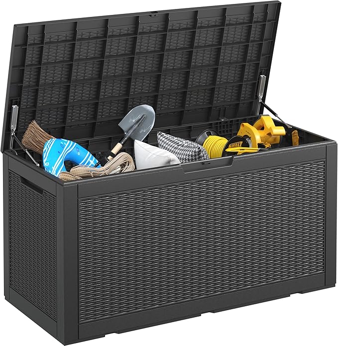 NUNU LAB 102 Gallon Large Waterproof Resin Deck Box, Lockable Outdoor Storage Box with Gas Lift, Patio Cushions, Garden Tools, Pool Supplies, Indoor Outdoor Storage Container, Black