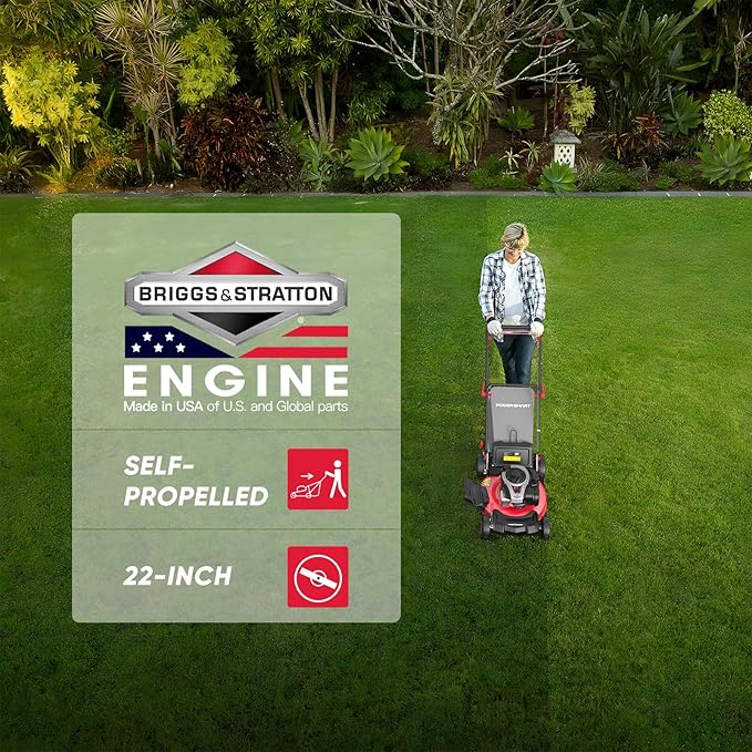 PowerSmart Self Propelled Gas Lawn Mower, 22-Inch with 140cc Briggs and Stratton E550 Engine 3-in-1 Rear-Wheel Drive Lawnmower with Bagging