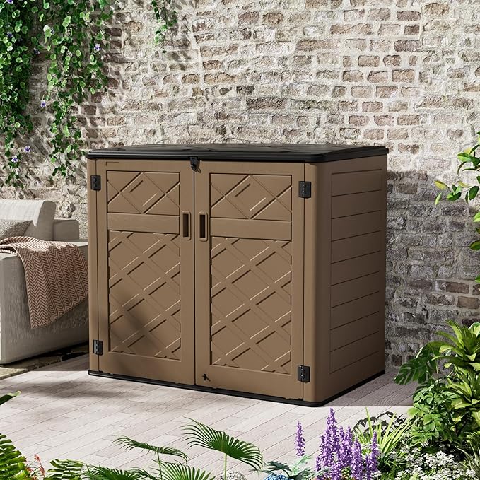 Resin Outdoor Storage Shed, Outdoor Storage Box Waterproof for Garden Tools, Patio Furniture, Trash Cans, Garage Storage, Lockable