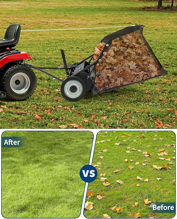 48" Lawn Sweeper Tow Behind, Pull Behind Yard Sweeper, 26 Cu. Ft Large Hopper Leaf & Grass Collector, Heavy Duty Garden Sweeper with Adjustable Sweeping Height for Yard, Lawn, Farm