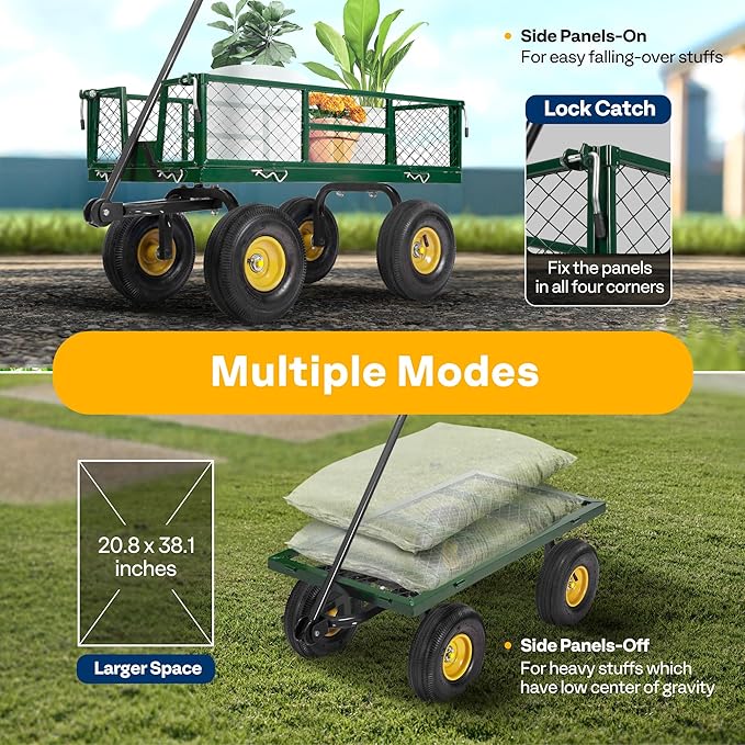 VIVOHOME Heavy Duty 880 Lbs Capacity Mesh Steel Garden Cart Folding Utility Wagon with Removable Sides and 4.10/3.50-4" Wheels 10 Inch Tire(Green)