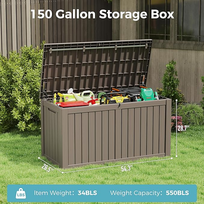 NUNU LAB 150 Gallon Outdoor Storage Box,Resin Large Sturdy Deck Box, Backyard Outside Storage Box Waterproof with Double Wall Panels,Package Delivery,Garden Outdoor Hose Bin