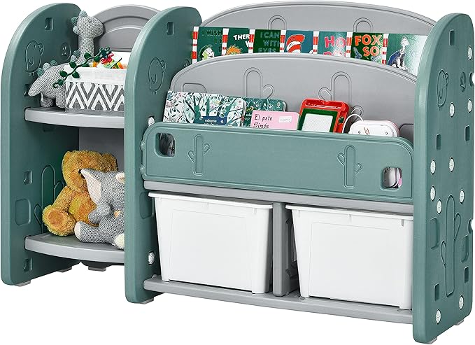 Costzon Kids Toy Storage Organizer, Toddler Bookshelf Cabinet w/ 2-Tier Bookshelf, 2 Shelves, 2 Removable Bins, Children Bookcase Display Book Rack for Kids Room Bedroom Playroom Furniture (Green)