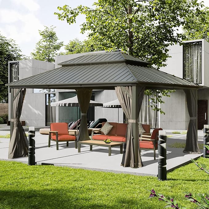 Domi 10' x 14' Hardtop Gazebo Permanent Metal Gazebo with Galvanized Steel Double Roof, Curtains and Netting for Outdoor Dining, Party, Patio, Backyard, Grey