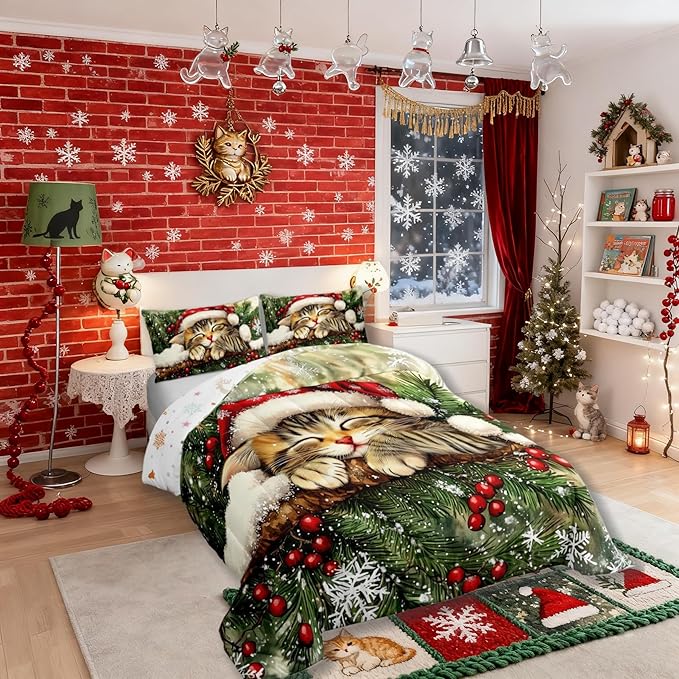Xmas Cat Kid Comforter Set Twin Size,Snowflake Holly Berry Winter Bedding Set Boy Girl Room Decor,Christmas Poinsettia Animal Quilt Comforter,Green Yellow Duvet Set Bedroom Quilt Set,1 Pillowcase